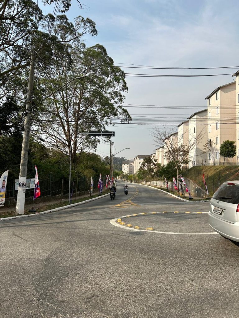 Rotatória com uma rua ao fundo com árvores e vegetação à esquerda e uma fila de edifícios ao lado direito.